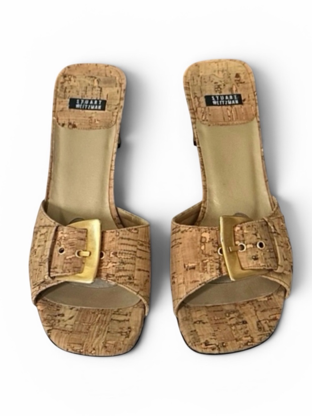Stuart Weitzman Natural Cork Buckle Padlock Slide Heeled Sandals Size 7